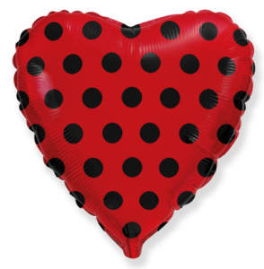 Шар фольгированный сердце 18"(46 см) Черные точки, Красный 1 шт