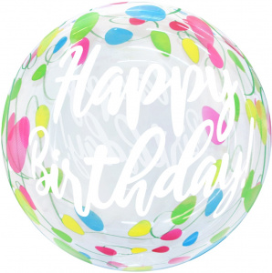 Шар (20''/51 см) Сфера 3D, Deco Bubble, С днем рождения! (шарики), Прозрачный, 1 шт. в упак.