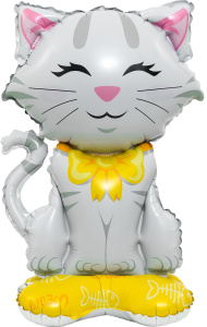 Шар 3D (24''/61 см) Фигура на подставке, Кошечка с бантиком, Белый, 1 шт. в уп., 26428