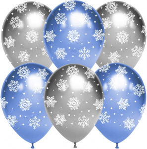 Воздушные  шары (12''/30 см) Снежинки, Серебро/Голубой, хром, 5 ст, 25 шт.