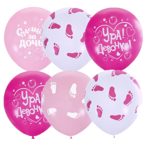 Воздушные шары 12"(30 см) пастель+декоратор рисунок ассорти к рождению девочки 25 шт