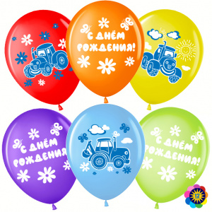 Воздушные шары 12''(30 см) С Днем Рождения! (синий трактор), Ассорти, лайт, пастель, 2 ст, 25 шт.