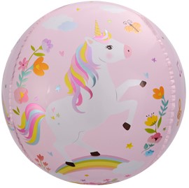 Шар (24''/61 см) Сфера 3D, С Днем Рождения (волшебные единороги), Розовый, 1 шт.