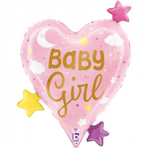 Шар фольгированный сердце 25"(64 см) Малышка Девочка (звездочки), Розовый, 1 шт.