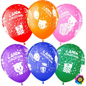 Воздушные шары 12"(30см) С Днем Рождения! (милые котятя), Ассорти, пастель, 5 ст, 25 шт.