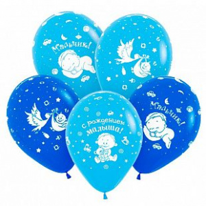 Воздушные шары 12"(30 см) пастель С рождением малыша ассорти 3 дизайна 50 шт