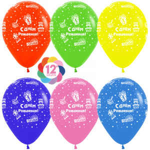Воздушные шары (12''/30 см) С Днем Рождения! (торт и подарки), Ассорти, пастель, 5 ст, 12 шт.