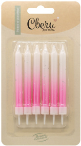 Свечи Розовое сияние, Градиент, с блестками, 0,75*8 + 2 см, 6 шт. с держат.