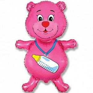 Шар фигура фольгированная 37"(94 см) Медвежонок  с бутылочкой розовый 1 шт
