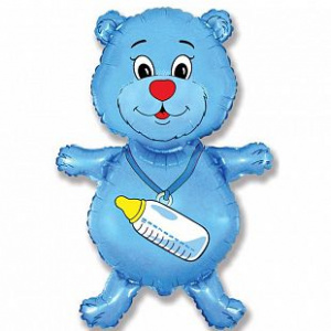 Шар фигура фольгированная 37"(94 см) Медвежонок  с бутылочкой голубой 1 шт