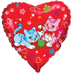 Шар фольгированный сердце 18"(46 см) Милые котята, красный 1 шт