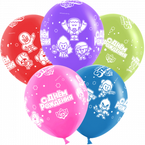 Воздушные  шары (12''/30 см) Brawl Stars, С Днем Рождения, дизайн №4, Ассорти, пастель, 5 ст, 25 шт.
