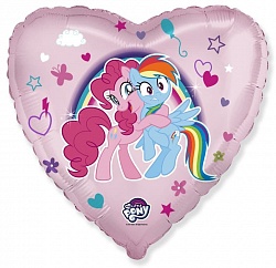 Шар фольгированный сердце 18" (46 см) My Little Pony, Лошадки Пинки Пай и Радуга, Розовый, 1 шт.