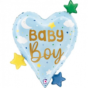 Шар фольгированный сердце 25"(64 см) Малыш Мальчик (звездочки), Голубой, 1 шт.