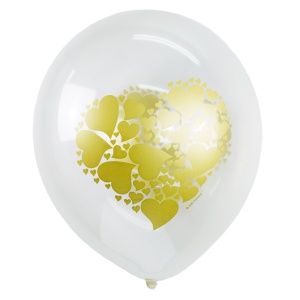 Воздушные шары 12"(30 см) декоратор прозрачный Сердце золото  2ст 25 шт