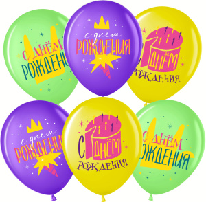 Воздушные  шары (12''/30 см)С Днем Рождения! (торт и звезды), Ассорти, пастель, 1 ст, 25 шт.