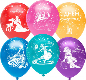 Воздушные шары 12''(30 см) Принцессы Диснея, С Днем Рождения!, Ассорти, пастель, 5 ст, 25 шт.