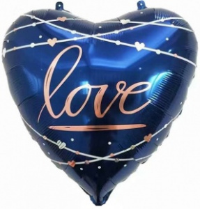Шар фольгированный сердце 22''(56 см) Любовь (кинематика звезд), Синий, 1 шт.